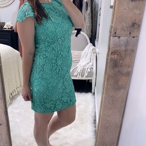 Vince Camuto teal dress crochet lace bodycon size 10